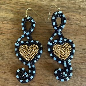 ❤️🎶 NEW Black White Beaded Music Notes Earrings Gold Heart